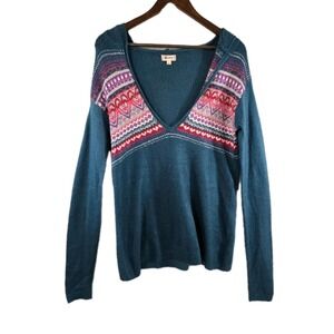 Olsenboye Sweater Womens Large Teal Hooded V Neck Fair Isle Heart Knit Pullover